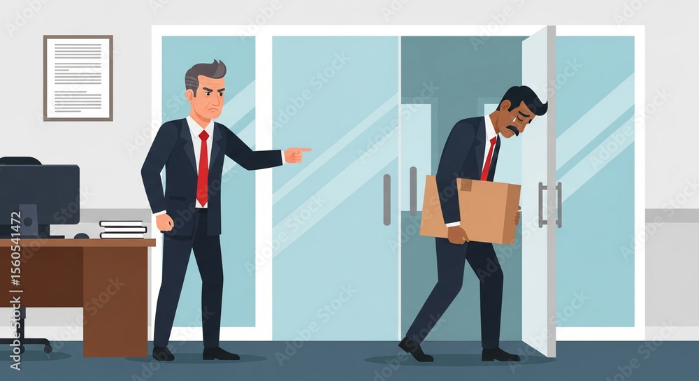 Obraz premium A fired employee leaving the office with a box after being dismissed by his angry boss. The scene depicts job loss, unemployment, and the stress of termination in a corporate environment. 