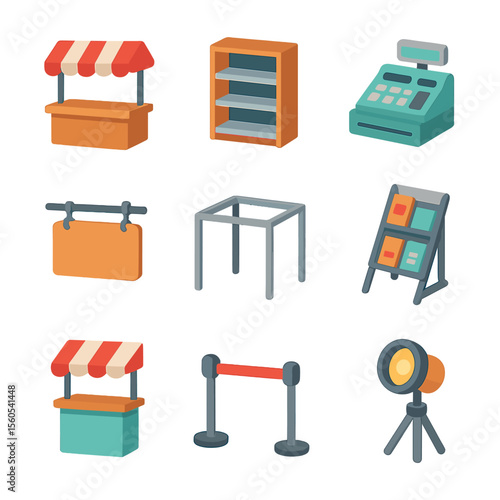 Isometric Kiosk Icons. Isometric Flat icon set of kiosk and pop-up shops: kiosk counter, shelving unit, cash register, hanging