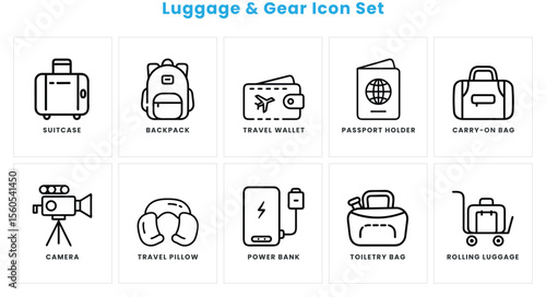 Essential Luggage and Gear Icon Set for Travel, Packing, and Adventure: Suitcases, Backpacks, Accessories, and More