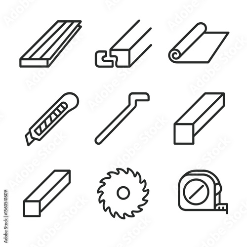 Laminate Flooring Icons. Outline icon set of Laminate Flooring Setup: laminate plank, click-lock edge, underlayment pad, utility