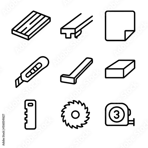 Laminate Flooring Icons. Outline icon set of Laminate Flooring Setup: laminate plank, click-lock edge, underlayment pad, utility