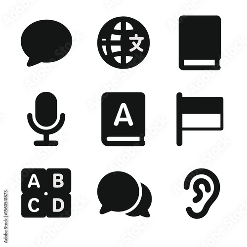 Language Learning Icons. Solid, filled icon set of language learning apps: speech bubble, translation globe, vocabulary book,