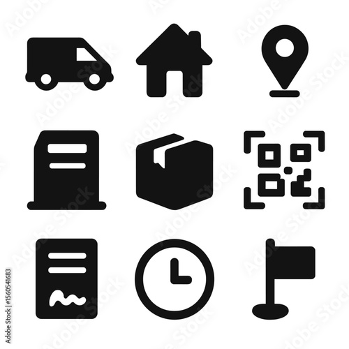 Last Mile Logistics Icons. Solid, filled icon set of last mile logistics: delivery van, house icon, route pin, drop-off box,