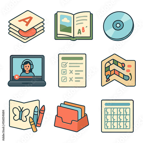 Language Learning Icons. Isometric Flat icon set of language learning materials production: flashcard deck, illustrated picture