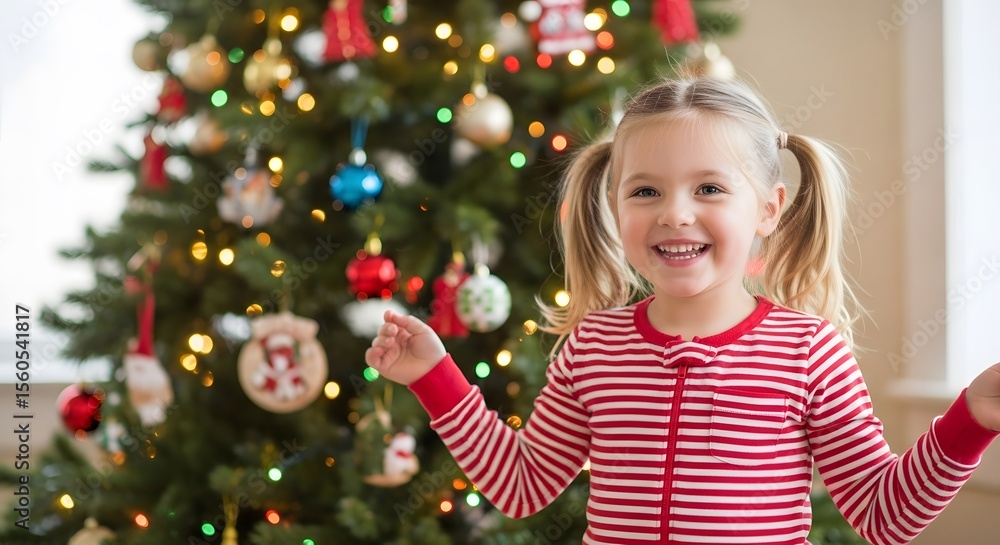 A joyful little girl in red and white striped pajamas beams, standing before a brightly lit Christmas tree, radiating holiday cheer and festive spirit. A joyful little girl in red and white striped pajamas beams, standing before a brightly lit Christmas tree, radiating holiday cheer and festive spirit.