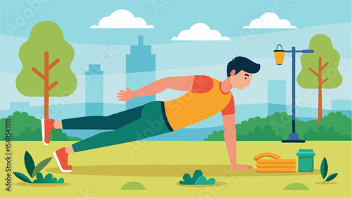 A man performing bodyweight exercises such as pushups and squats in a park with a resistance band wrapped around his arms for an added challenge.. Vector illustration