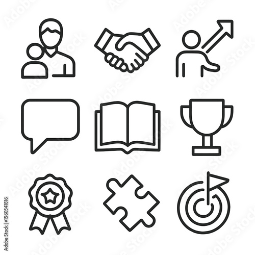 Leadership Icon Set. Outline icon set of leadership and mentorship programs: mentor figure, handshake, guidance arrow, speech