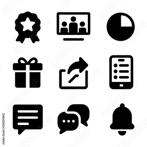 Learner Engagement Icons. Solid, filled icon set of learner engagement tools: gamification badge, leaderboards, progress tracking,