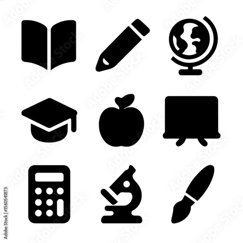 Learning Icon Grid. Solid, filled icon set of grandchildren learning: book, pencil, globe, graduation cap, apple, blackboard,
