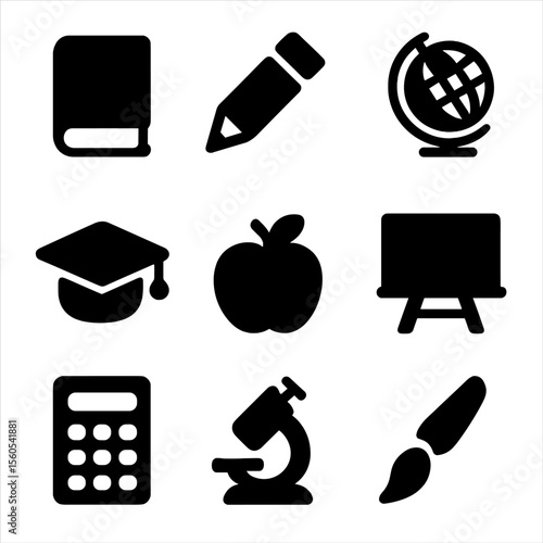 Learning Icon Grid. Solid, filled icon set of grandchildren learning: book, pencil, globe, graduation cap, apple, blackboard,