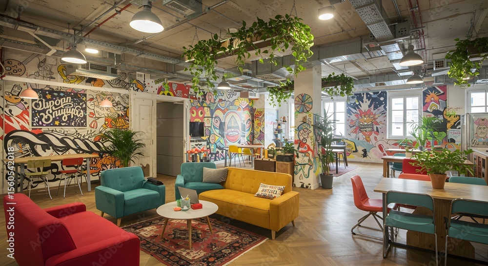 Fototapeta premium Eclectic office space with colorful wall murals, vibrant furniture, and indoor plants creating a lively atmosphere.