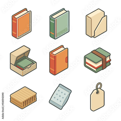Library Protection Icons. Isometric Flat icon set of library protective packaging: book cover sleeve, Mylar cover, acid-free paper