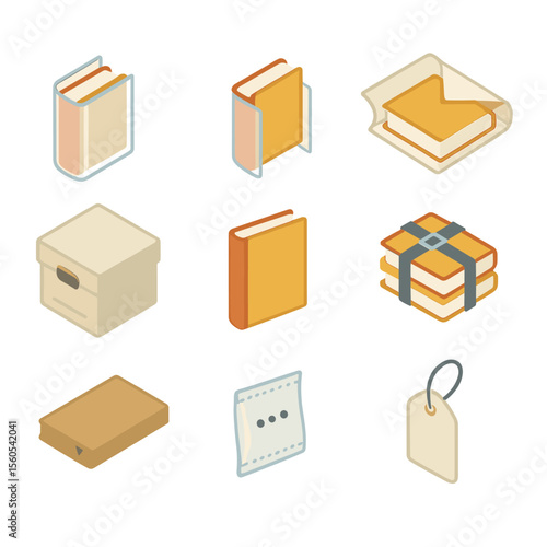 Library Protection Icons. Isometric Flat icon set of library protective packaging: book cover sleeve, Mylar cover, acid-free paper