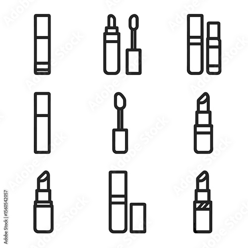 Lip Care Icons. Outline icon set of Lip Gloss and Lipstick Tubes: twist-up tube, applicator wand, doe-foot tip, retractable cap,