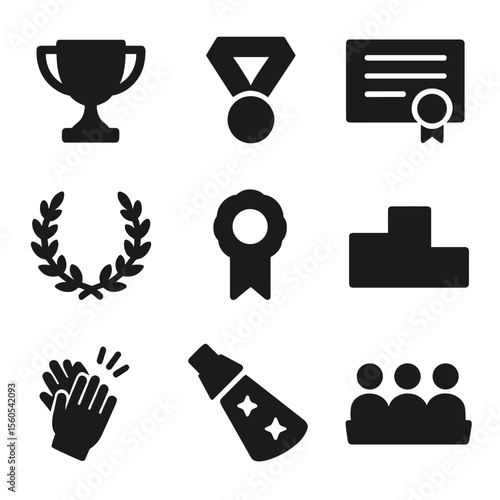Literary Awards Icons. Solid, filled icon set of literary awards and recognition: trophy, medal, certificate, laurel wreath,