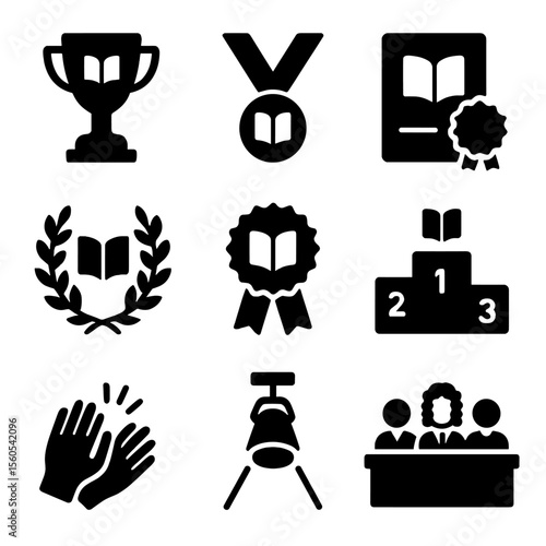 Literary Awards Icons. Solid, filled icon set of literary awards and recognition: trophy, medal, certificate, laurel wreath,