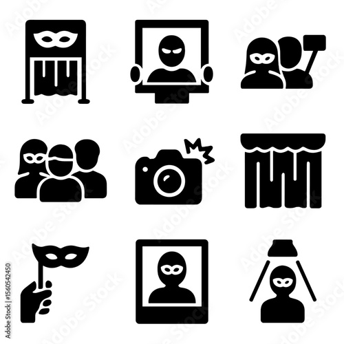 Masquerade Icon Set. Solid, filled icon set of masquerade photo moments: photo booth, frame prop, couple selfie, group portrait,