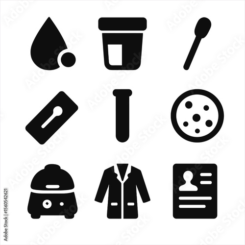 Medical Testing Icons. Solid, filled icon set of medical testing: blood test, urine sample, swab, microscope slide, test tube,