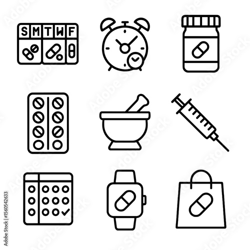 Medication Tools Icons. Outline icon set of medication management tools: pill organizer, medication reminder clock, prescription