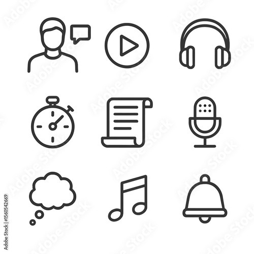 Meditation Icon Set. Outline icon set of guided meditation elements: narrator icon, play button, headphone set, timer clock,