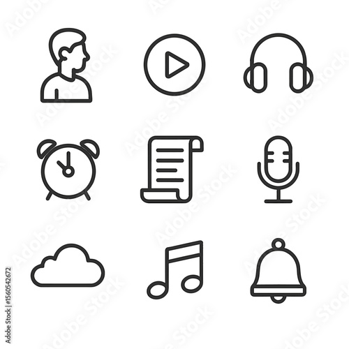 Meditation Icon Set. Outline icon set of guided meditation elements: narrator icon, play button, headphone set, timer clock,