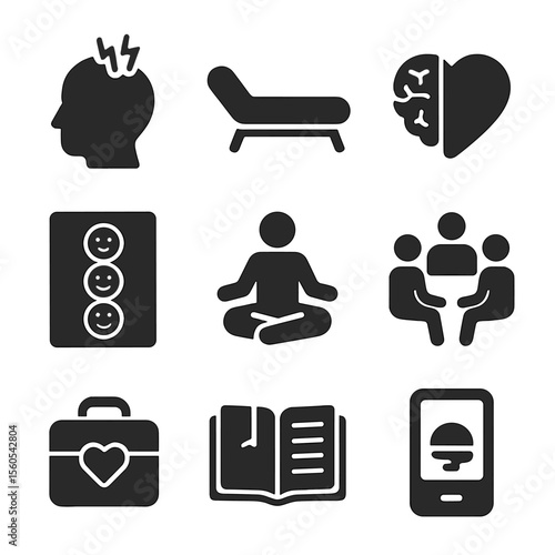 Mental Health Icon Set. Solid, filled icon set of mental health in chronic disease: stress head icon, therapy couch, brain-heart