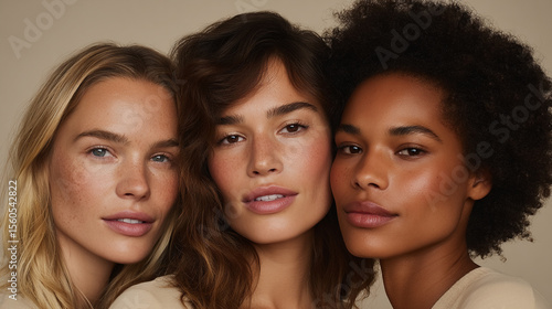 Portrait of three beautiful young adult women of different skin tone. Smooth glowing skin with a subtle dewy finish, , natural and elegant makeup. High-end beauty campaign, beige studio background,
