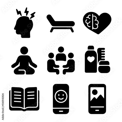 Mental Health Icon Set. Solid, filled icon set of mental health in chronic disease: stress head icon, therapy couch, brain-heart