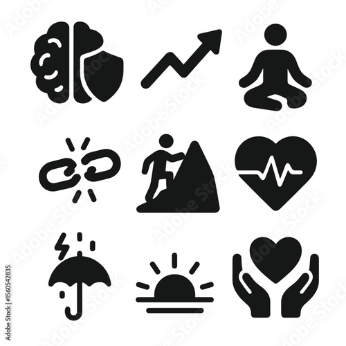 Mental Strength Icons. Solid, filled icon set of mental strength and coping: brain with shield, rising arrow, meditation pose,