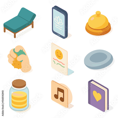 Mental Wellness Icons. Isometric Flat icon set of Mental Wellness Tools: therapy couch, breathing exercise app, mindfulness bell,