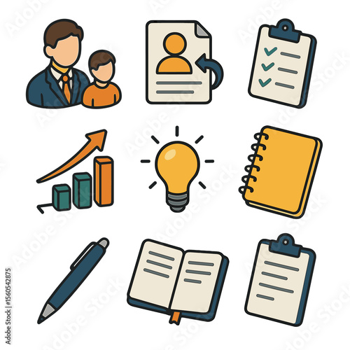 Mentoring Icon Set. Isometric Flat icon set of mentoring colleagues: mentor figure, mentee figure, guidance document, checklist,