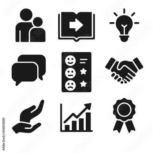 Mentoring Icon Set. Solid, filled icon set of mentoring and coaching: mentor figure, guidance book, lightbulb idea, speech bubbles
