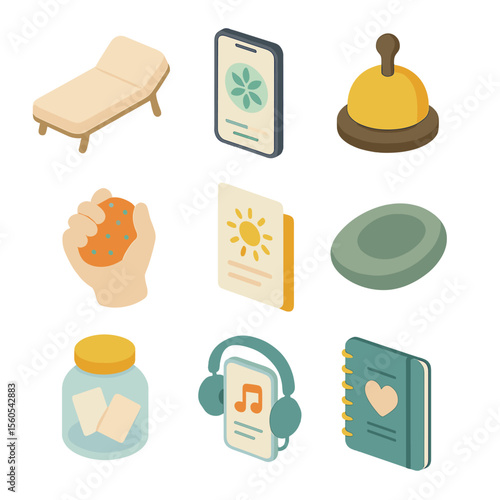 Mental Wellness Icons. Isometric Flat icon set of Mental Wellness Tools: therapy couch, breathing exercise app, mindfulness bell,