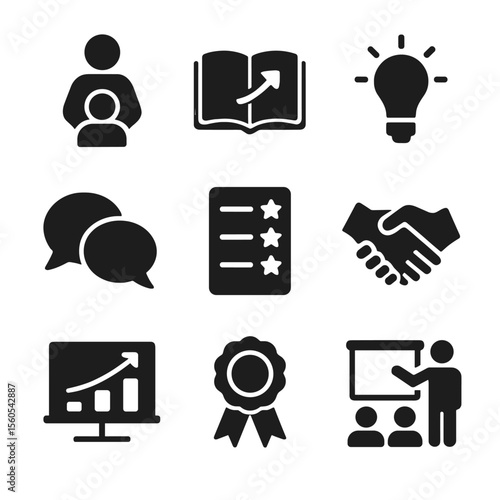 Mentoring Icon Set. Solid, filled icon set of mentoring and coaching: mentor figure, guidance book, lightbulb idea, speech bubbles