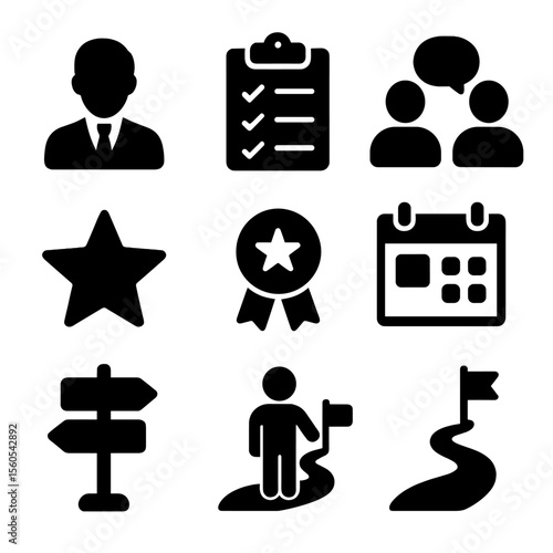 Mentorship Icon Set. Solid, filled icon set of mentorship and coaching: mentor figure, clipboard, checklist, conversation, star,