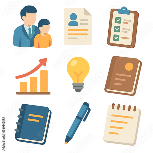 Mentoring Icon Set. Isometric Flat icon set of mentoring colleagues: mentor figure, mentee figure, guidance document, checklist,
