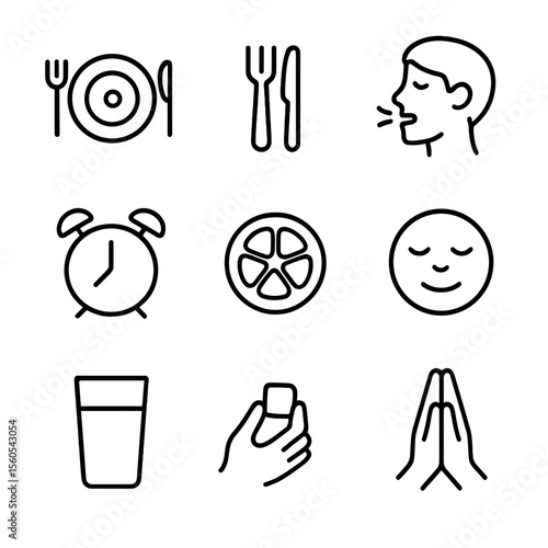 Mindful Eating Icons. Outline icon set of mindful eating practice: plate with small portion, utensils placed down, chewing icon,
