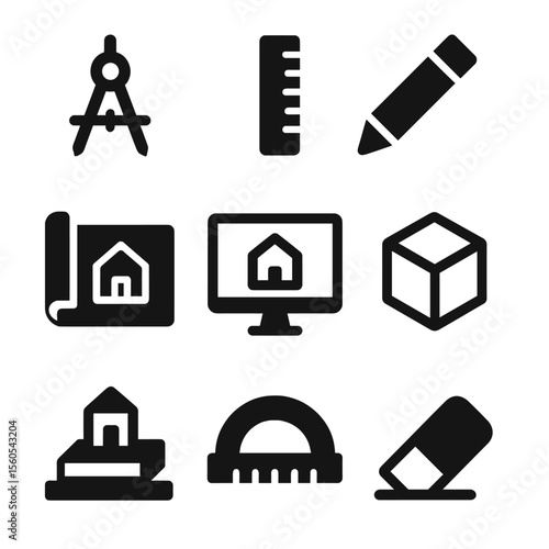 Minimalist Design Tools. Solid, filled icon set of minimalist building design tools: drafting compass, ruler, pencil, blueprint,