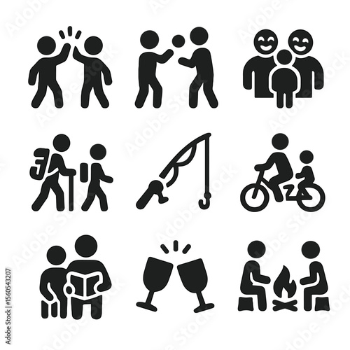 Dad Bonding Icons. Solid, filled icon set of bonding activities with dad: high five, catch ball, group laugh, hike boot, fishing