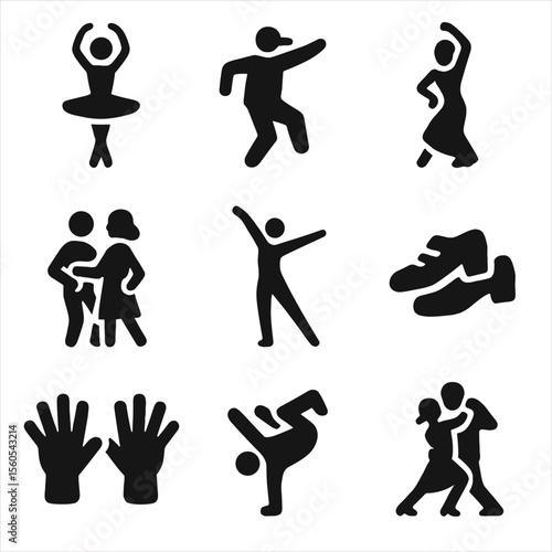 Dance Icon Collection. Solid, filled icon set of dance and artistic movement: ballet dancer, hip hop move, salsa step, flamenco