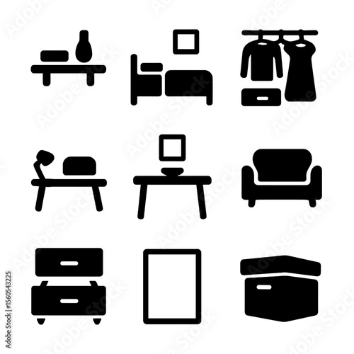 Minimalist Lifestyle Icons. Solid, filled icon set of modern minimalist lifestyles and decluttering: simple shelf, tidy room,