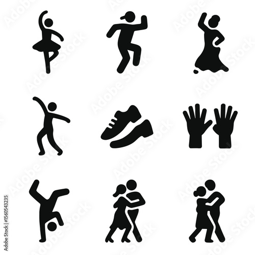 Dance Icon Collection. Solid, filled icon set of dance and artistic movement: ballet dancer, hip hop move, salsa step, flamenco