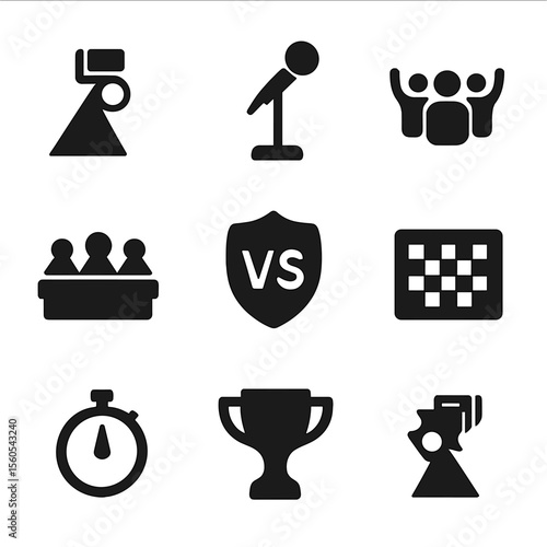 Dance Battle Icons. Solid, filled icon set of dance battle elements: spotlight, mic stand, cheering crowd, versus icon, judges