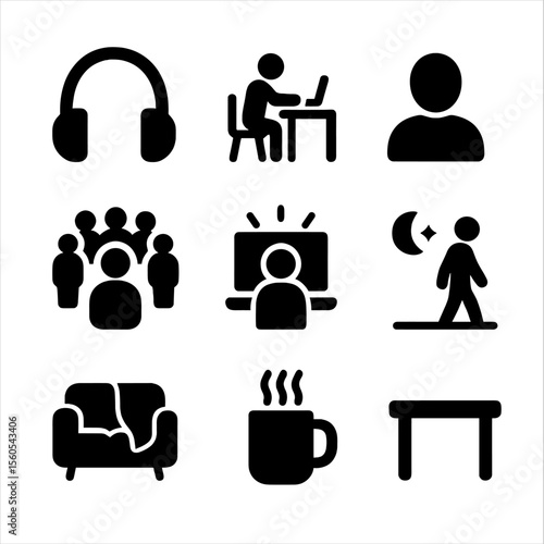 Icons of Modern Loneliness. Solid, filled icon set of loneliness in modern life: headphones alone, isolated workspace, one profile