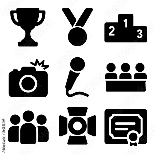 Modeling Competition Icons. Solid, filled icon set of modeling competitions: trophy, medal, podium, camera flash, microphone,