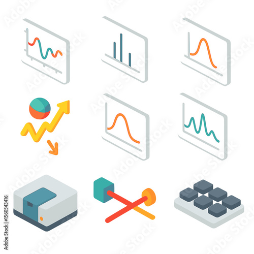 Molecular Icon Grid. Isometric Flat icon set of spectroscopic molecular analysis: infrared spectrum graph, NMR spectrum, mass