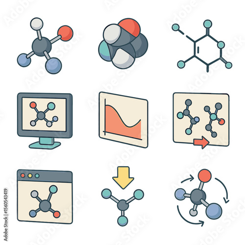 Molecular Modeling Tools Icons. Isometric Flat icon set of molecular modeling tools: ball-and-stick model, space-filling model,
