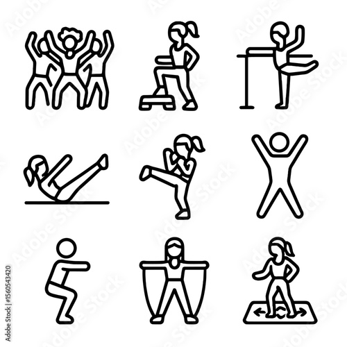 Dance Fitness Icons. Outline icon set of dance fitness activities: Zumba class, aerobics step, barre workout, pilates move, cardio