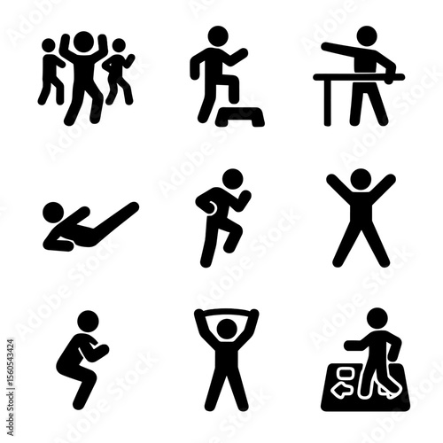 Dance Fitness Icons. Solid, Filled icon set of dance fitness activities: Zumba class, aerobics step, barre workout, pilates move,