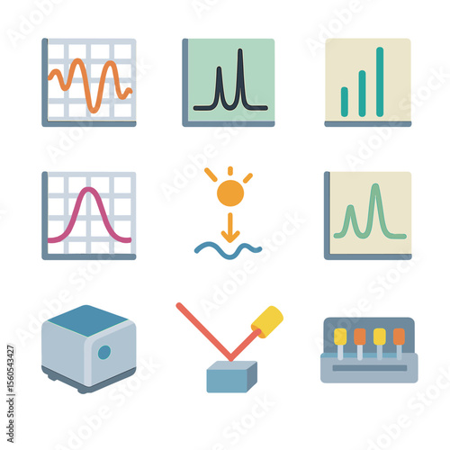 Molecular Icon Grid. Isometric Flat icon set of spectroscopic molecular analysis: infrared spectrum graph, NMR spectrum, mass